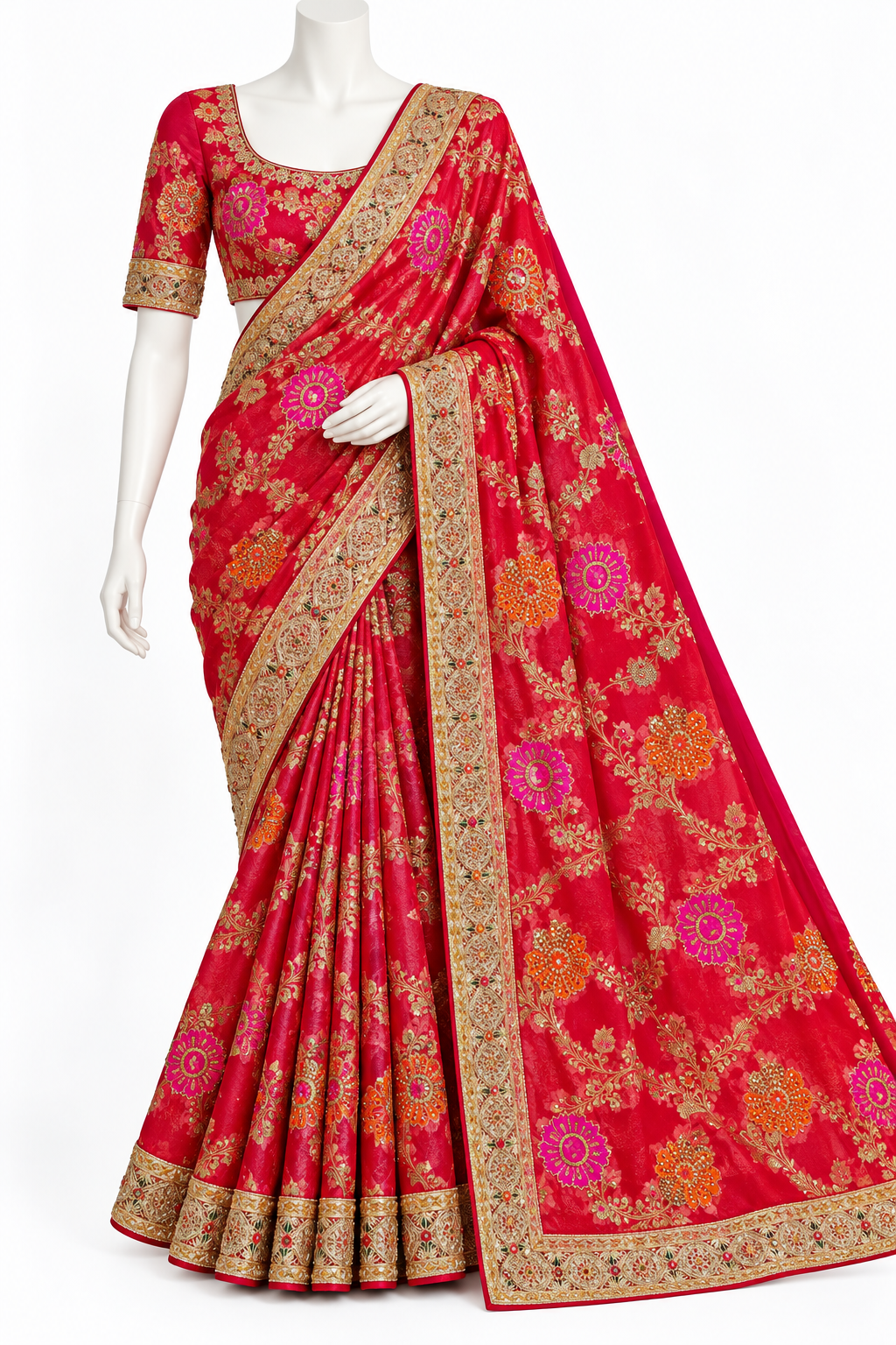 A red flared saree with intricate gold, orange, and pink floral patterns and a wide gold border, displayed on a white mannequin against a plain white background.
