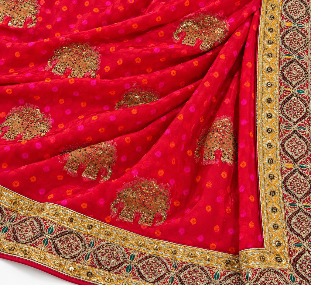 A close-up of a bright red fabric with metallic gold elephant motifs, small orange and pink dots, and an ornate gold border with multicolor detailing.