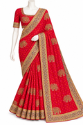 A red traditional Indian saree with gold elephant and floral motifs, displayed on a white mannequin against a plain white background.
