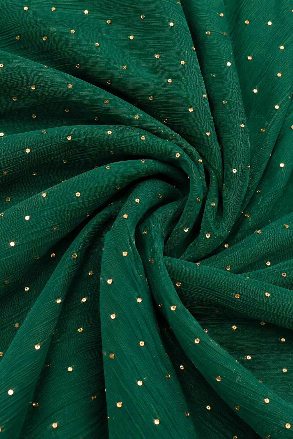 Dark green crinkled fabric with small scattered gold sequins, arranged in a spiral drape pattern.