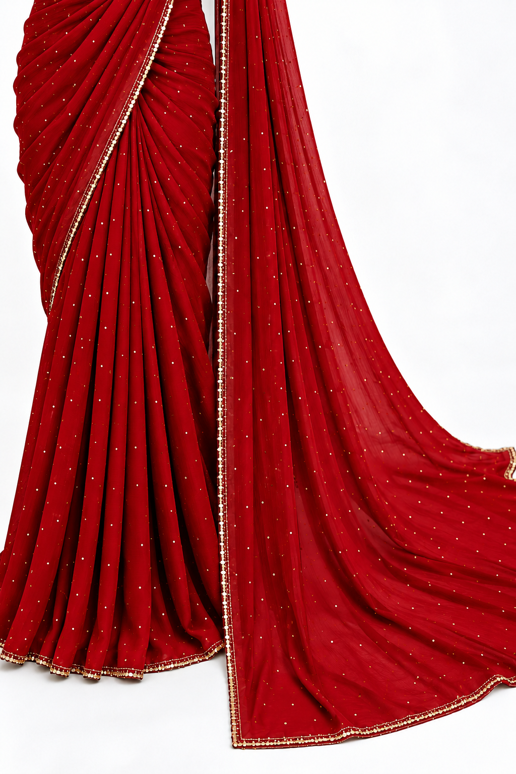 Red Saree with Gold Detailing & Unstitched Blouse