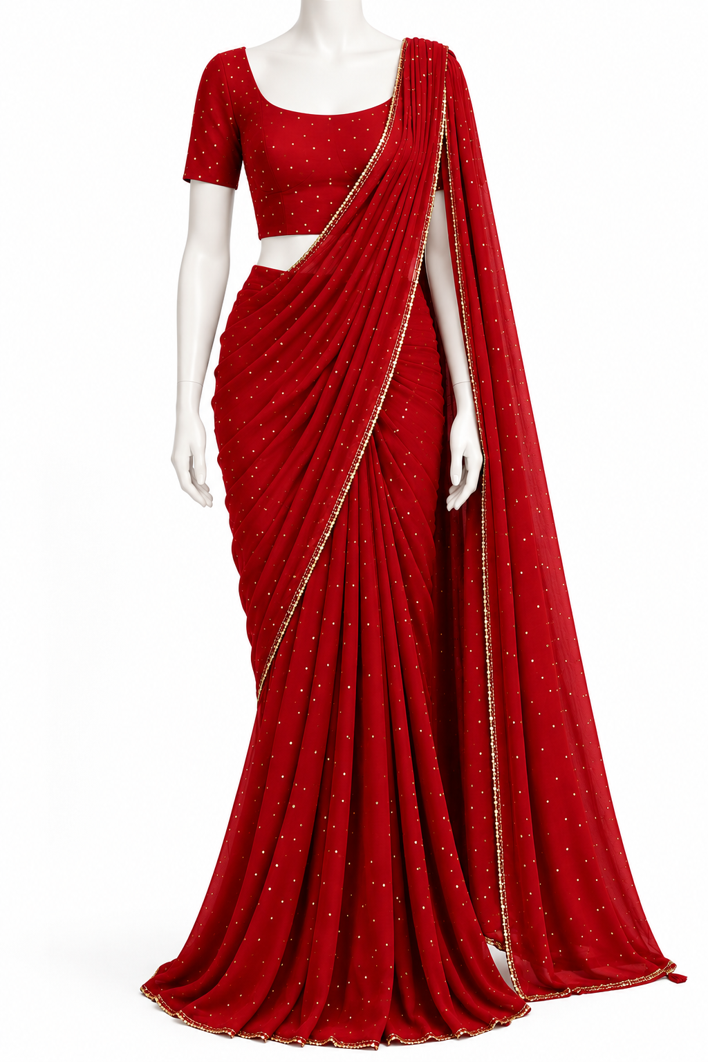 Red Saree with Gold Detailing & Unstitched Blouse