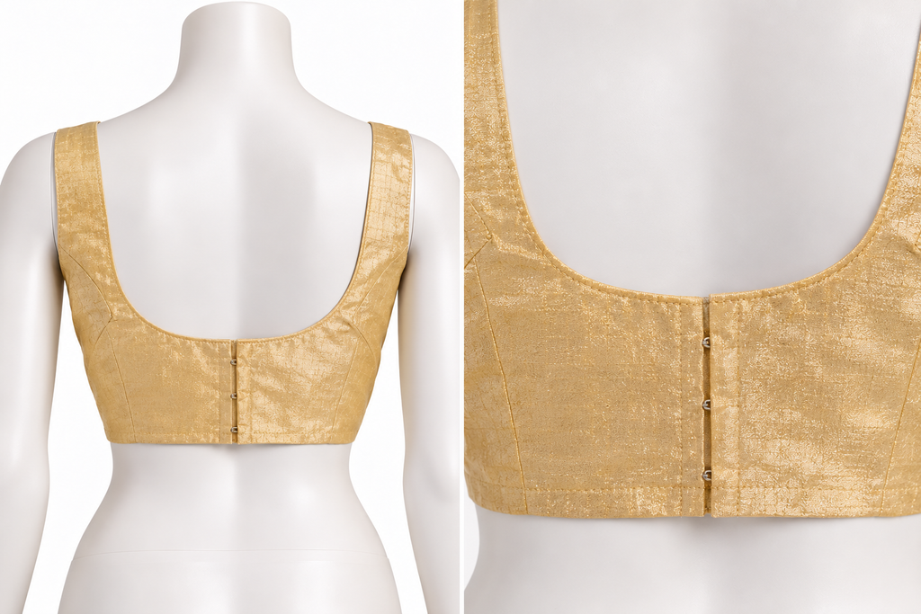 A gold metallic fabric blouse or bralette shown on a white mannequin from the back, with a wide view on the left and a close-up view on the right against a white background.