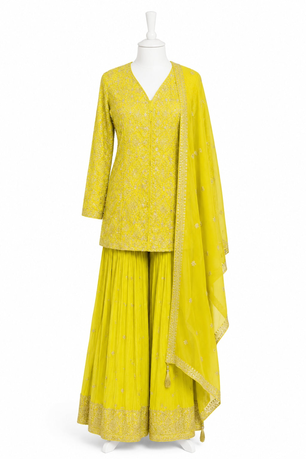 Yellow traditional outfit with a dupatta on a white background