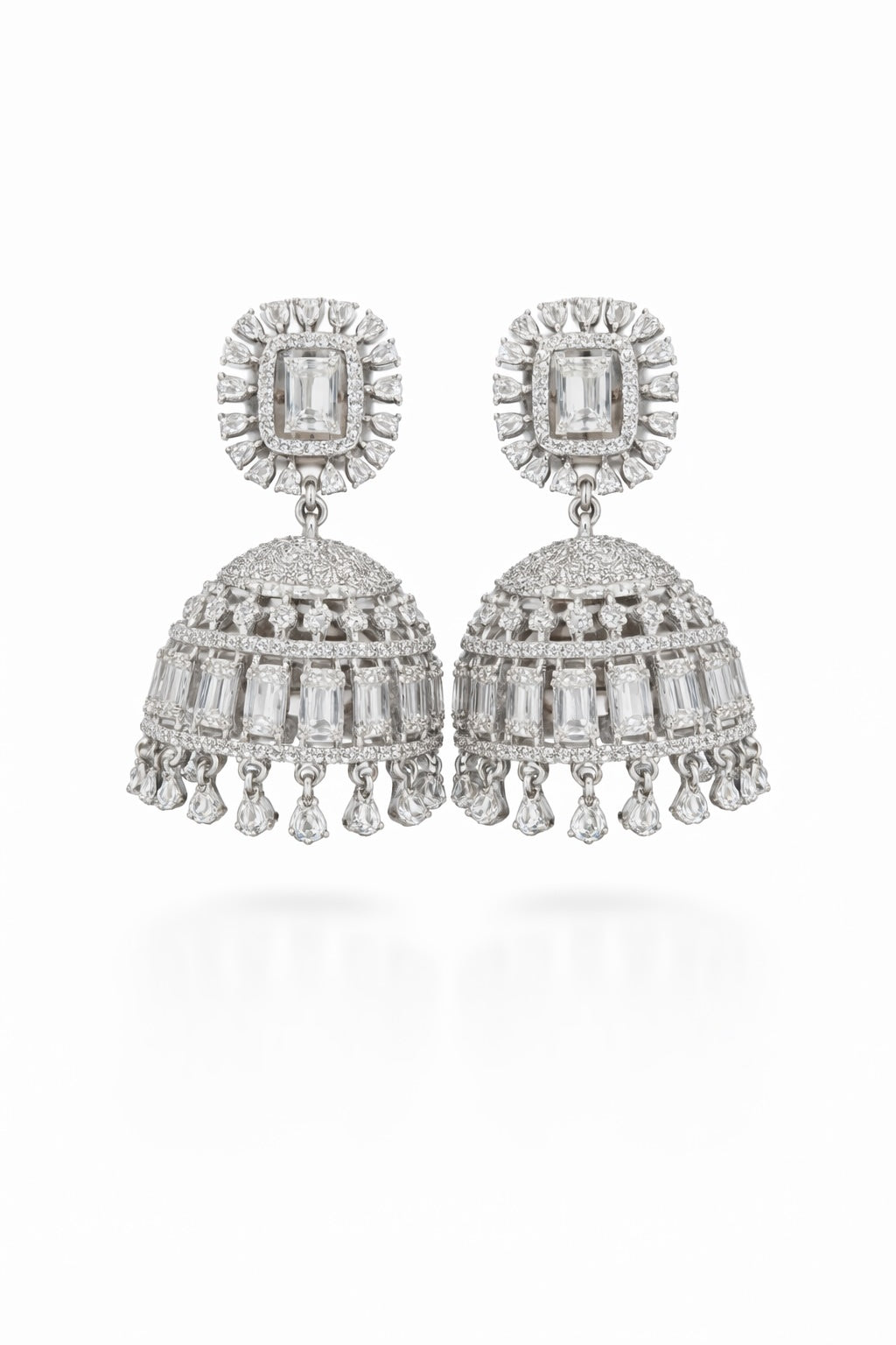Crystal Dome Jhumka Earrings – Silver Finish