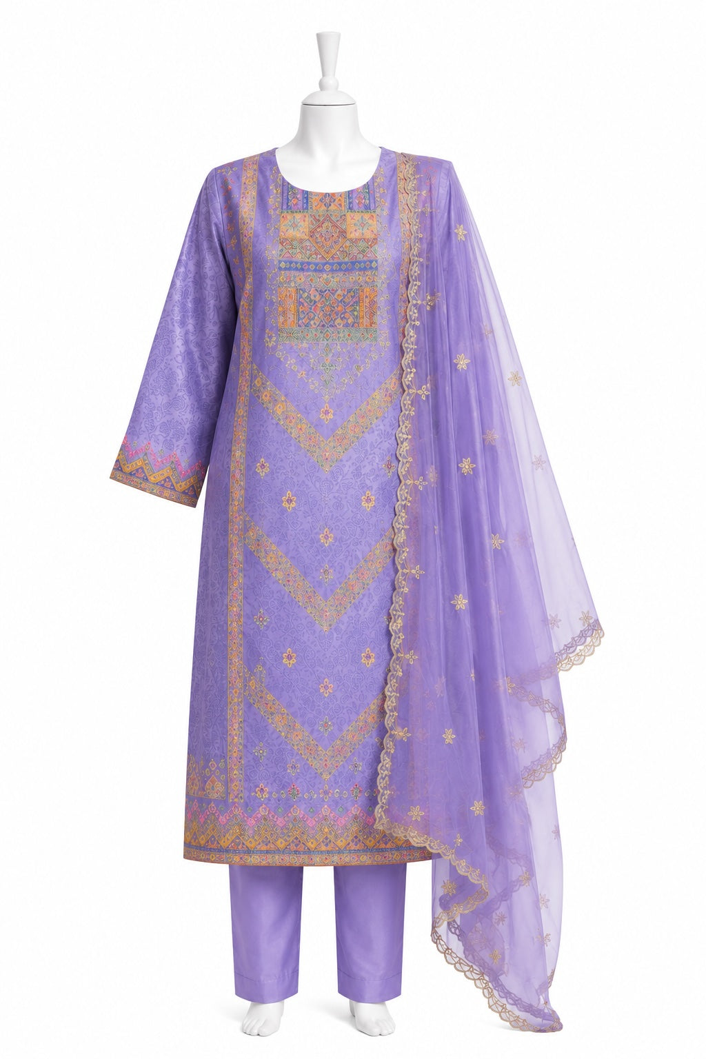 Purple embroidered outfit with a dupatta on a mannequin against a white background