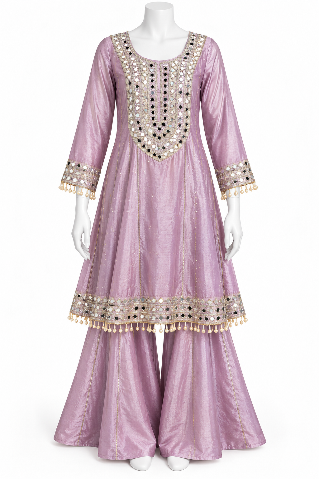 Dusty Mauve Mirror Hand Work Anarkali Sharara Set