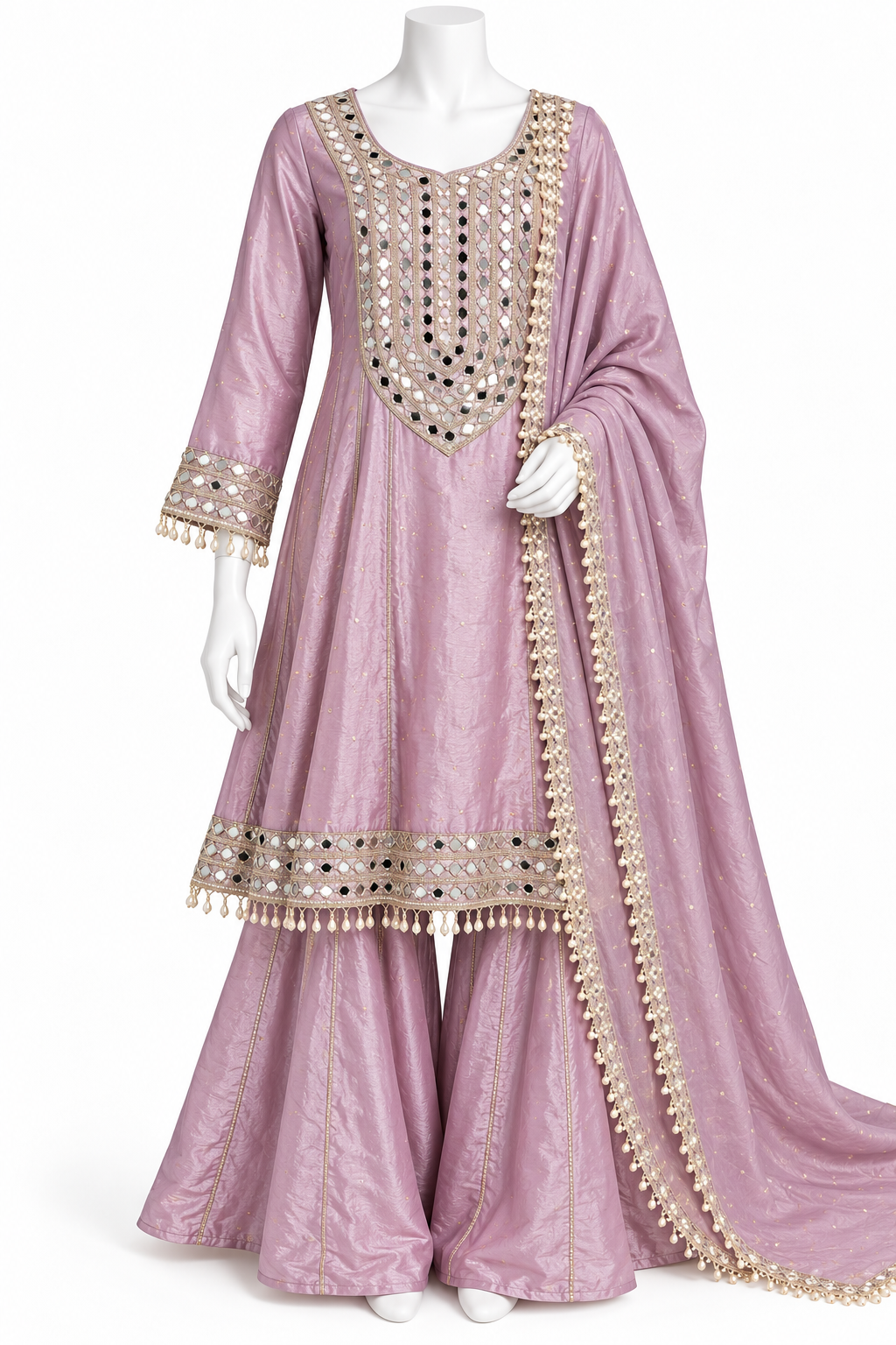 Dusty Mauve Mirror Hand Work Anarkali Sharara Set