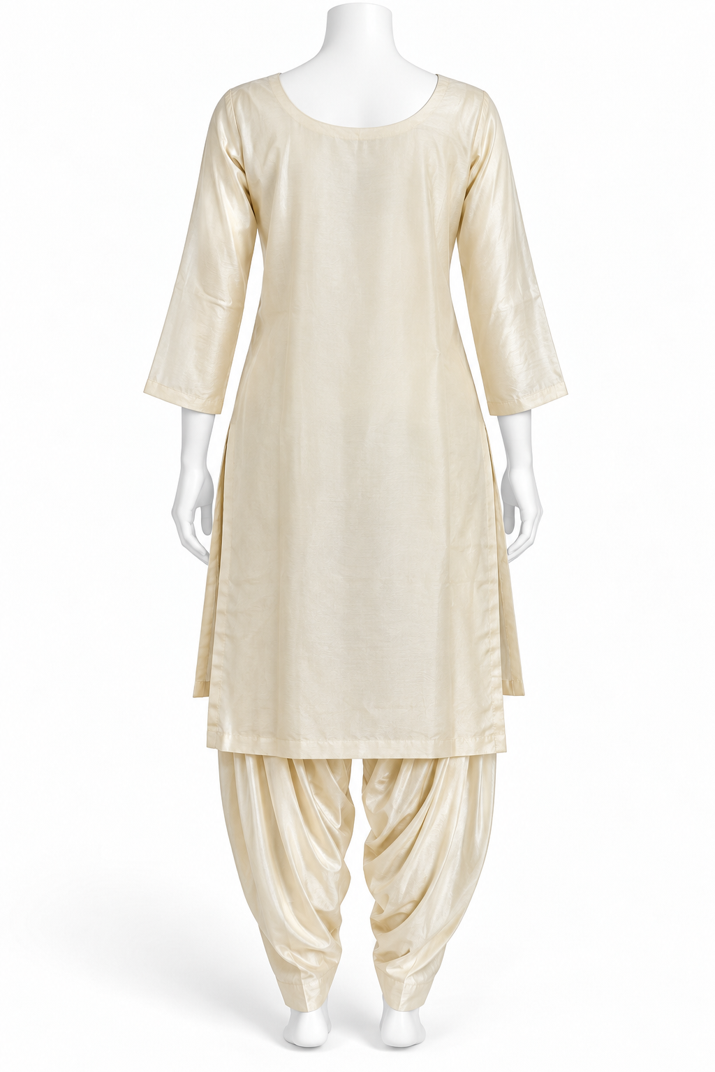 A cream-colored Indian ethnic wear set consisting of a long kurta and matching patola pants, displayed on a white mannequin against a white background.