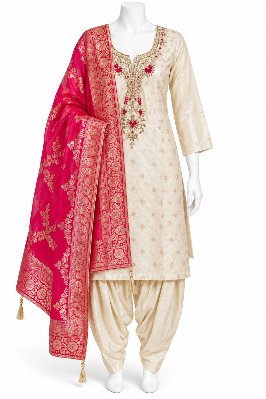 A traditional Indian salwar kameez suit displayed on a white mannequin. The outfit features a cream-colored kurta with gold embroidery and red floral accents, paired with cream-colored patola pants and a bright pink dupatta with intricate gold zari patterns.
