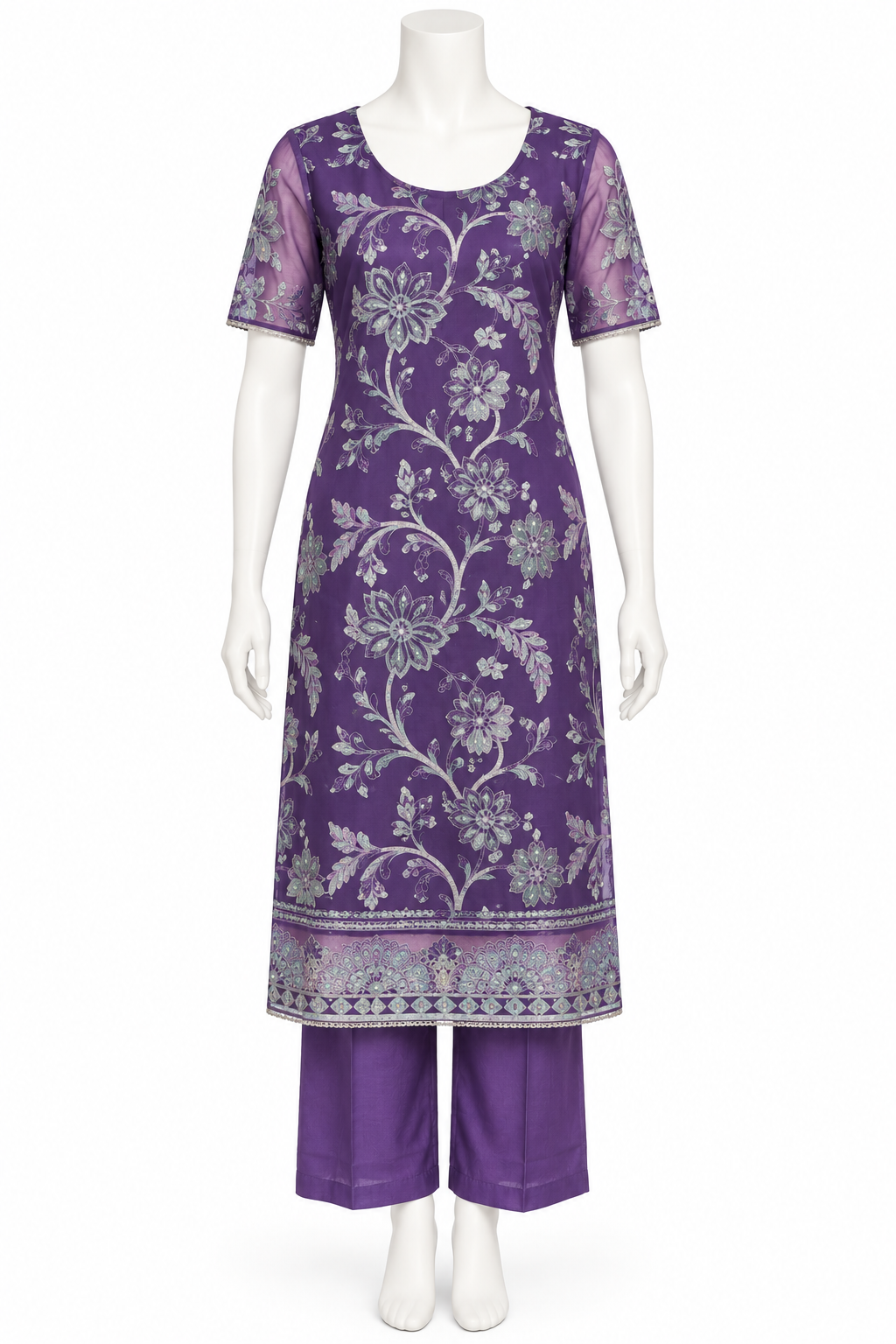A purple kurta set with a silver floral brocade pattern and matching purple pants, displayed on a white mannequin against a white background.
