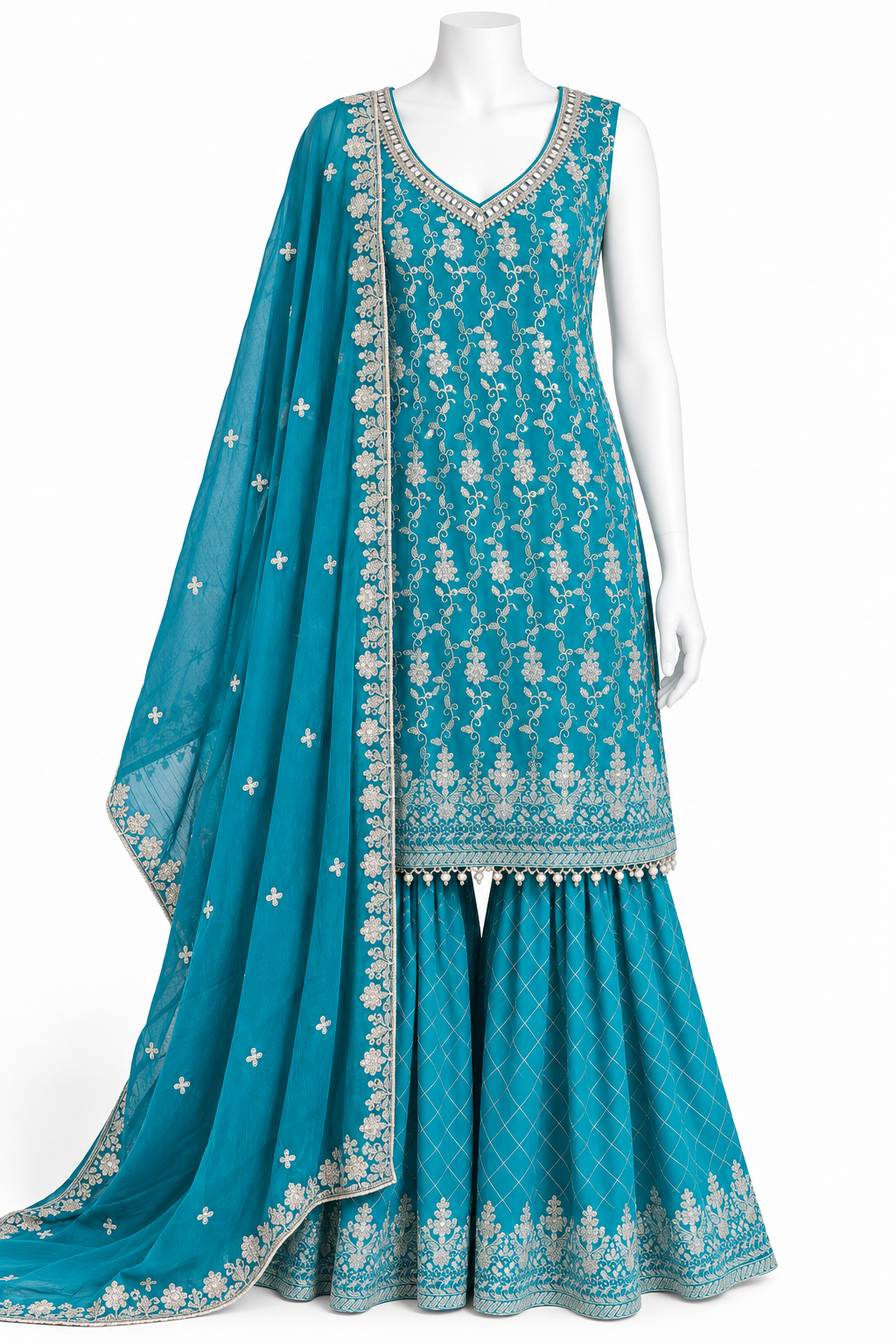 A turquoise blue traditional Indian outfit displayed on a white mannequin, featuring a heavily embroidered sleeveless kurta, matching flared pants, and a coordinating dupatta with intricate silver and gold detailing.