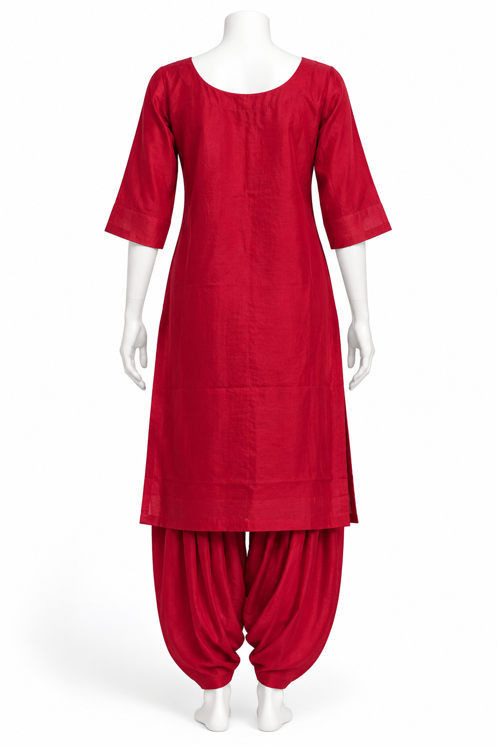 A red traditional Indian outfit consisting of a straight, knee-length tunic with elbow-length sleeves and matching loose harem pants, displayed on a white mannequin against a plain white background.