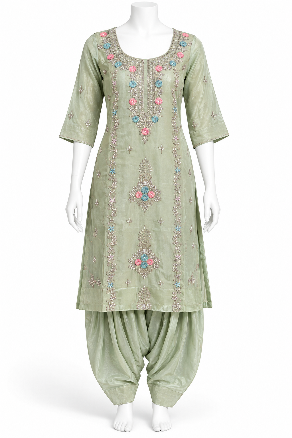 Sage Green Floral Embroidered Punjabi Salwar Suit with Dupatta