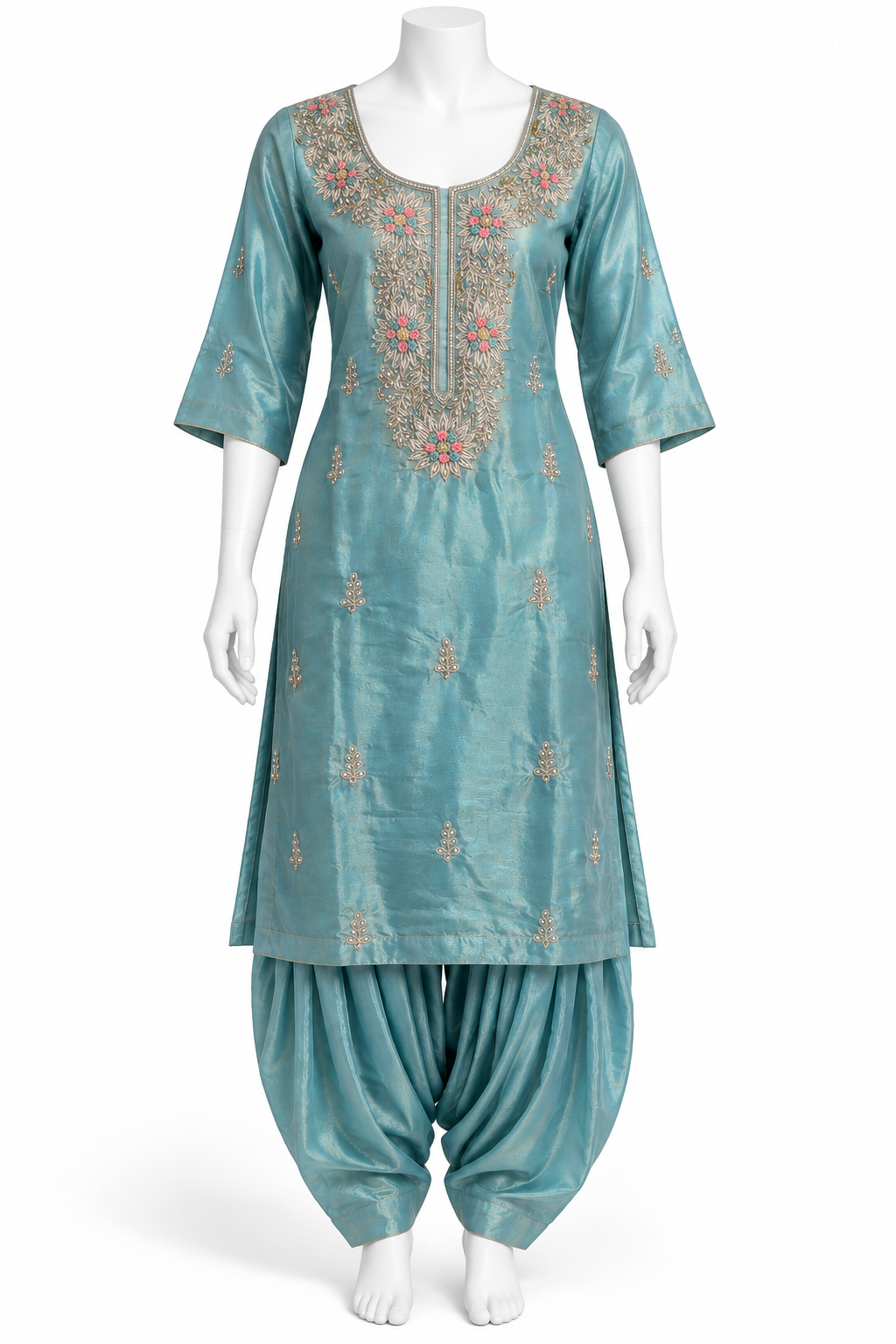 Dusty Blue Floral Embroidered Punjabi Salwar Suit with Dupatta