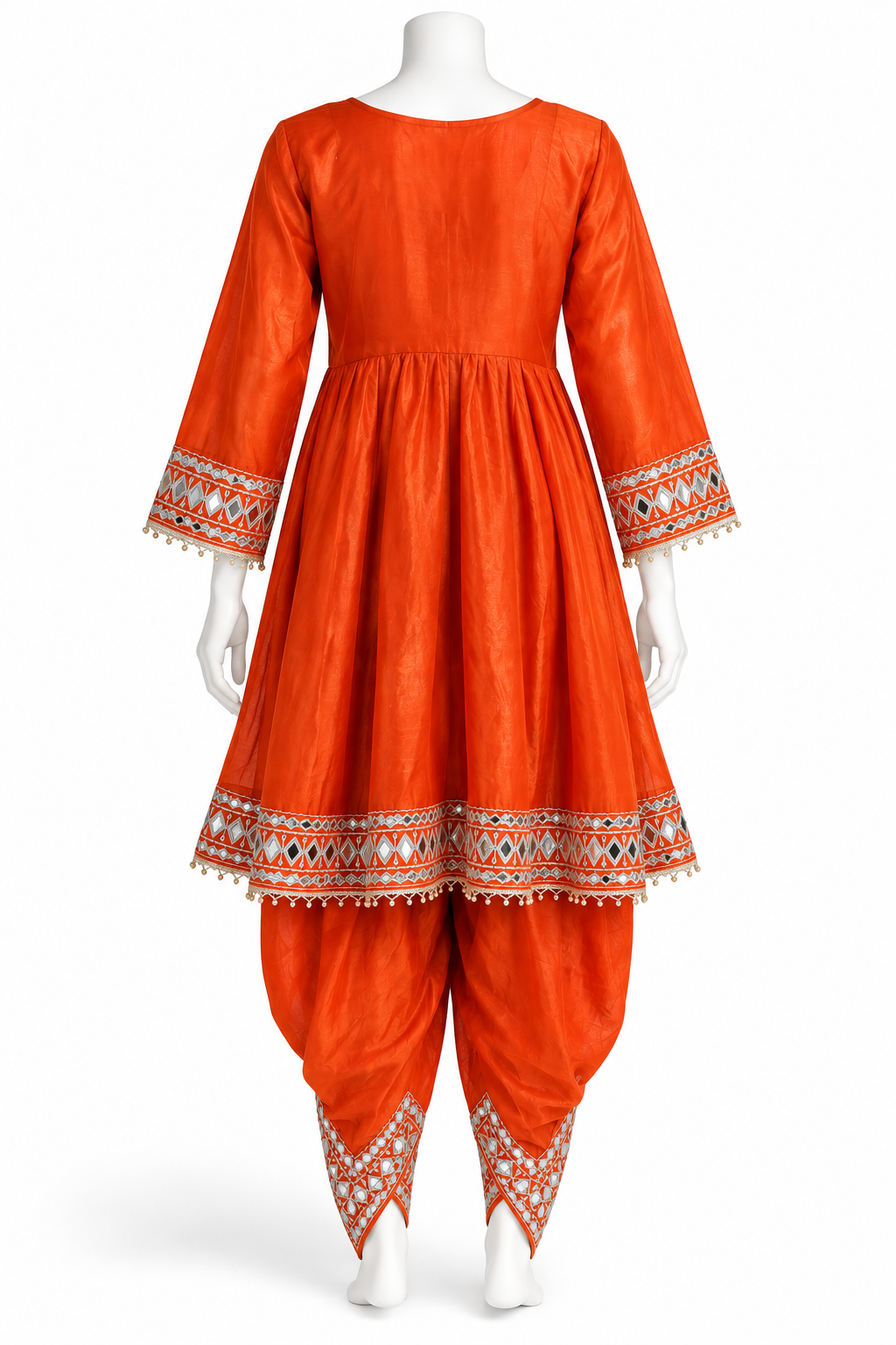 Orange Mirror Work Anarkali Dhoti Salwar Suit with Dupatta