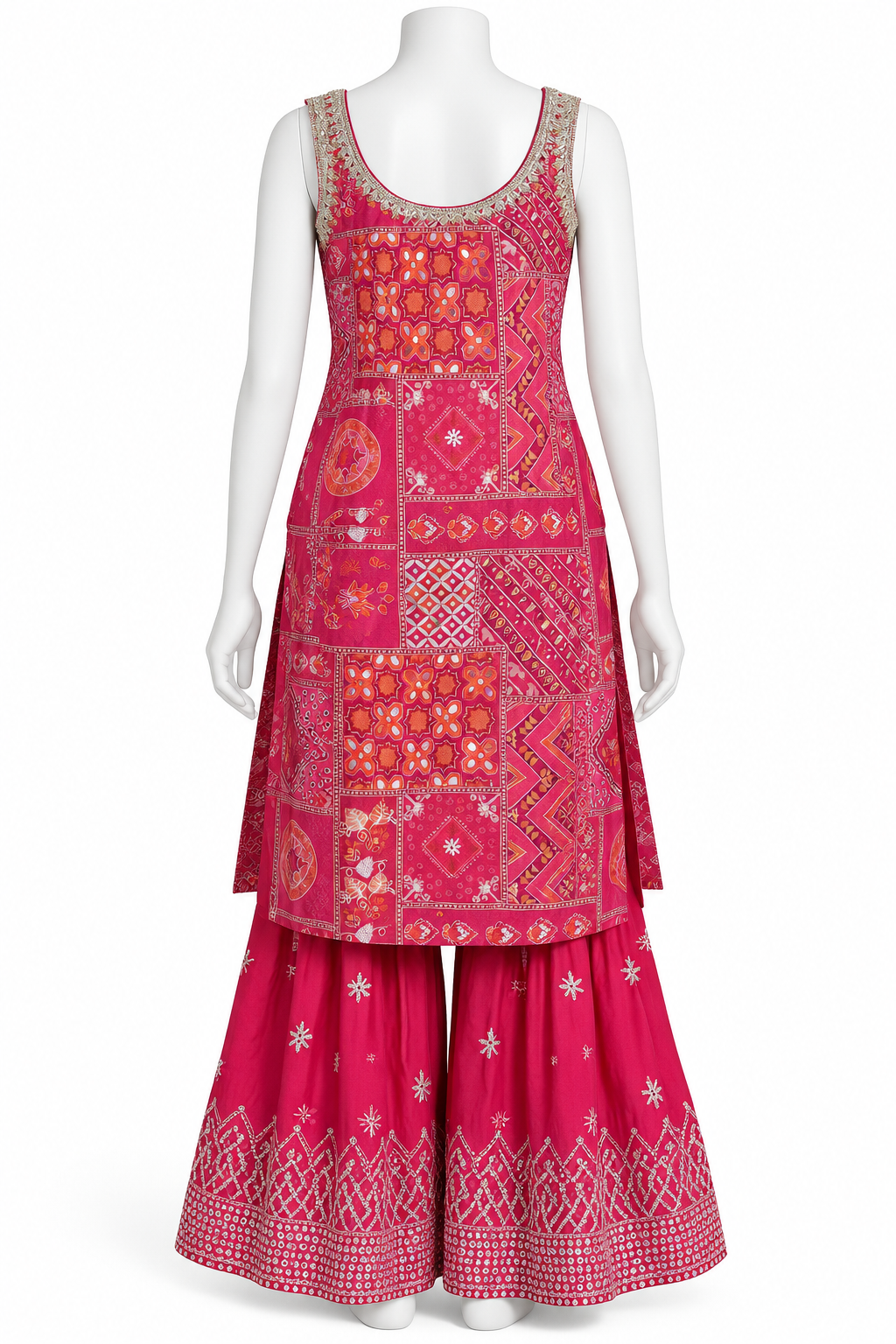 A sleeveless kurta and flared pants set displayed on a white mannequin. The outfit features a vibrant pink and magenta base with intricate multicolor patchwork embroidery and white geometric patterns on the flared pants.