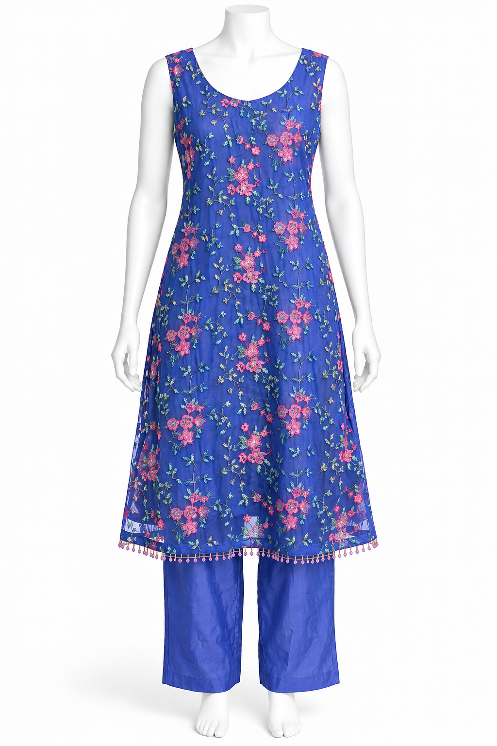 A sleeveless royal blue kurta with pink floral embroidery and matching blue pants, displayed on a white mannequin against a plain white background.