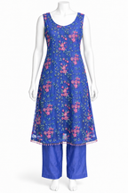 A sleeveless royal blue kurta with pink floral embroidery and matching blue pants, displayed on a white mannequin against a plain white background.