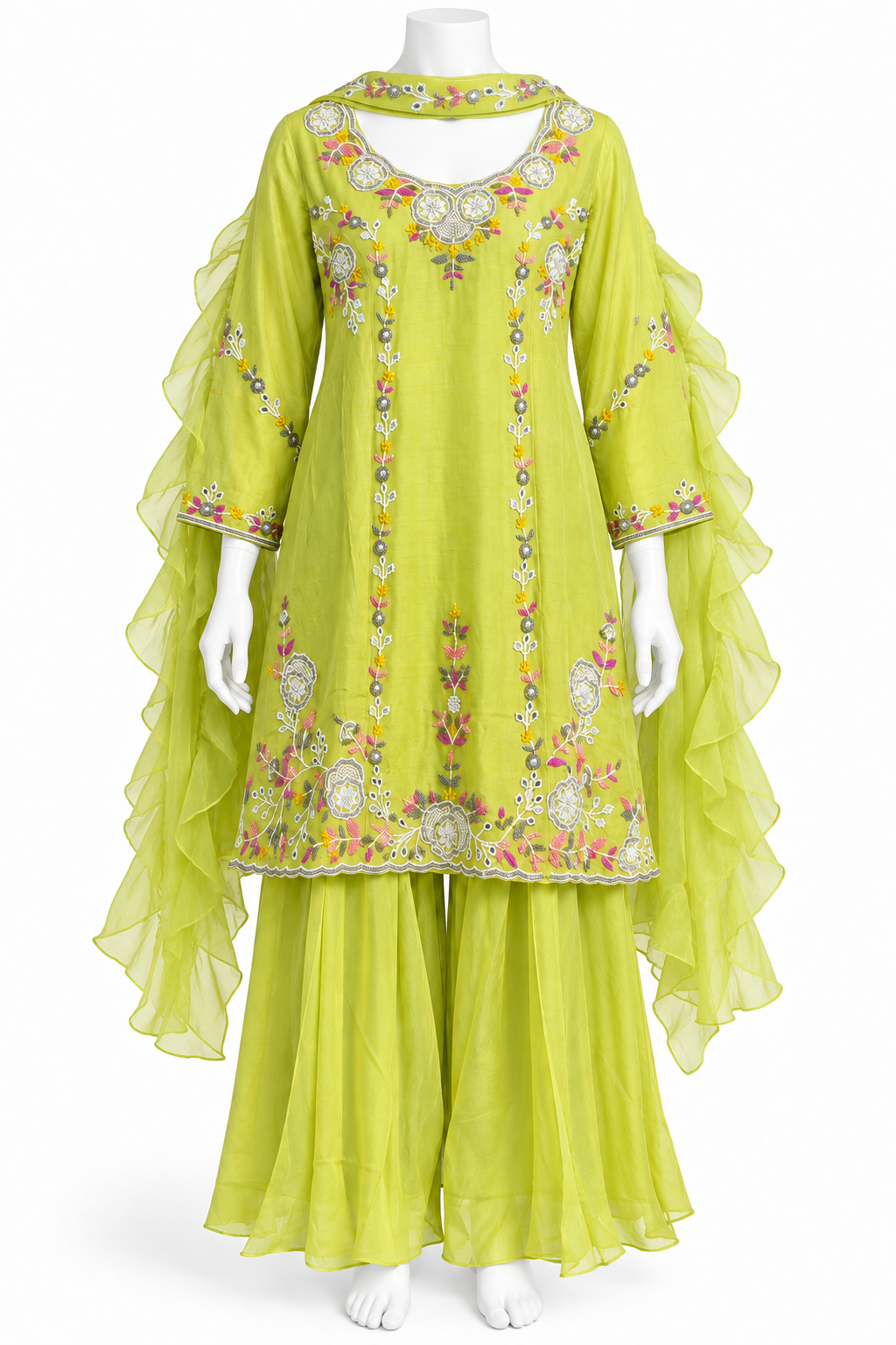 A lime green traditional outfit displayed on a white mannequin, featuring a long-sleeved embroidered kurta with sheer ruffled sleeves and matching wide-leg pants.