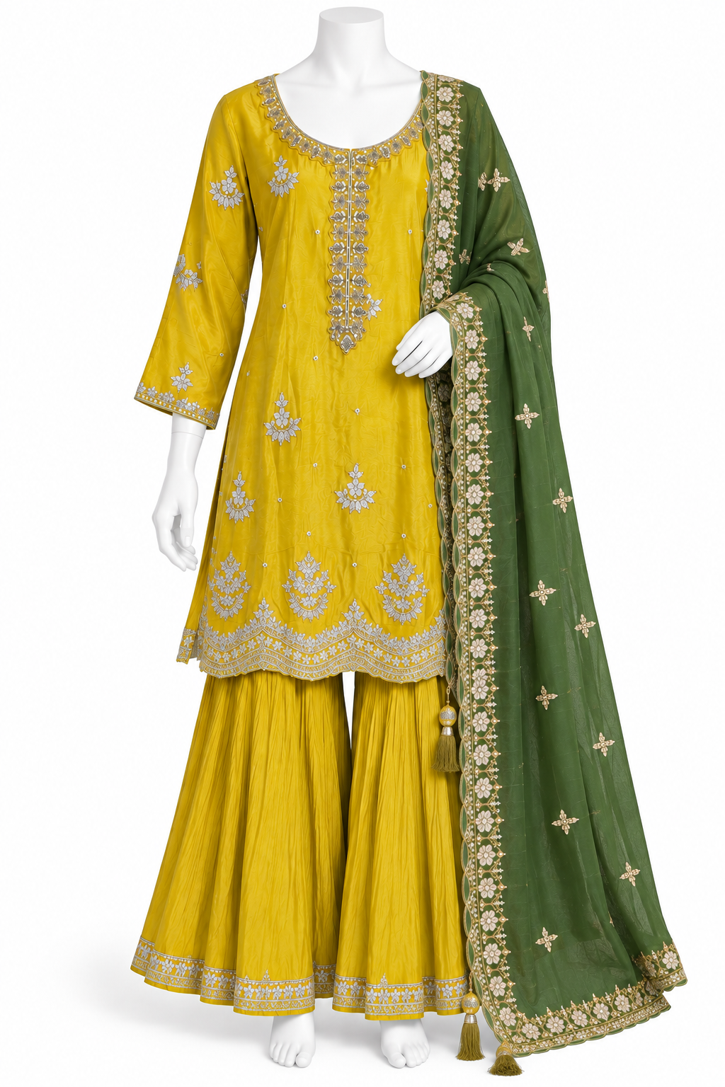 Mustard Yellow Embroidered Sharara Suit Set with Green Dupatta