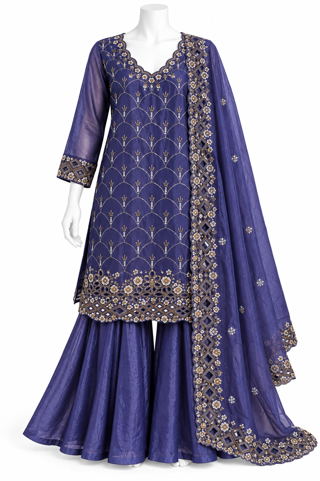 Royal Purple Embroidered Sharara Suit Set with Dupatta