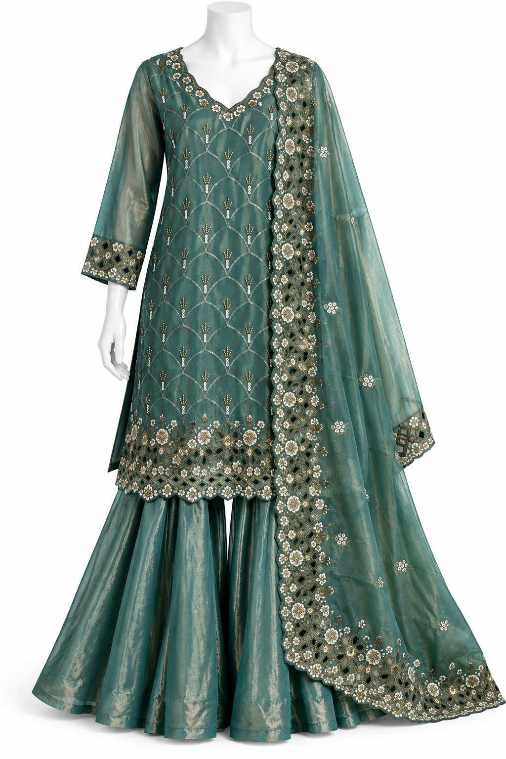 Teal Green Embroidered Sharara Suit Set with Dupatta