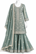 A three-piece traditional Indian outfit displayed on a white mannequin against a white background. The set includes a sage green embroidered kurta, matching flared pants, and a coordinating dupatta.