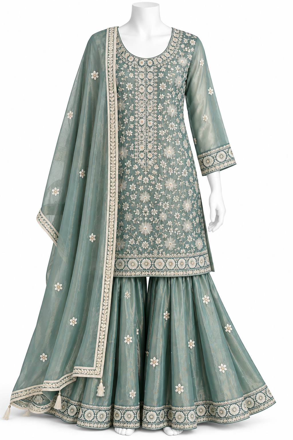 A three-piece traditional Indian outfit displayed on a white mannequin against a white background. The set includes a sage green embroidered kurta, matching flared pants, and a coordinating dupatta.