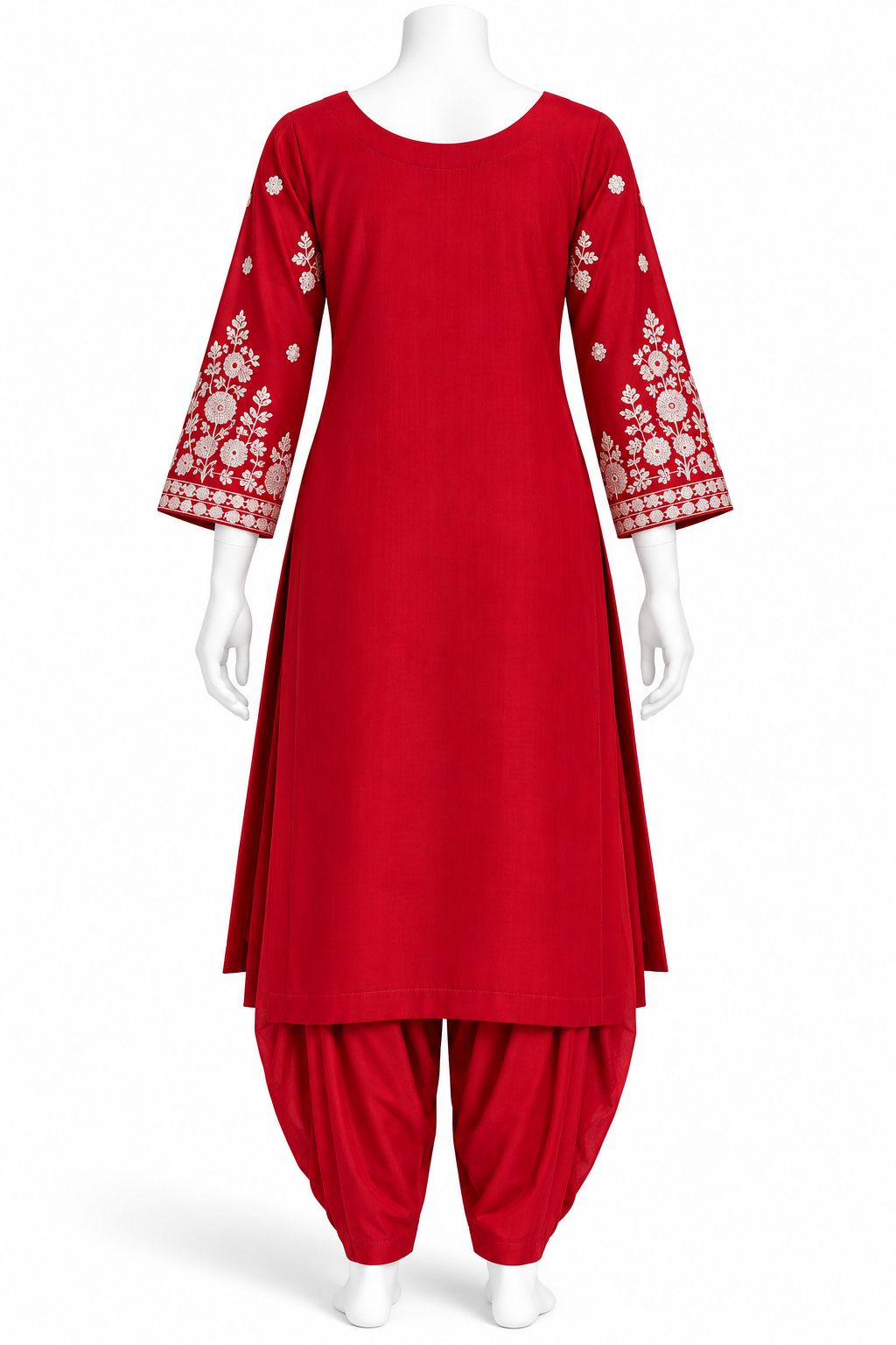 A red traditional kurta set displayed on a white mannequin, featuring a long red kurta with white floral embroidery on the three-quarter sleeves and matching red patina pants.
