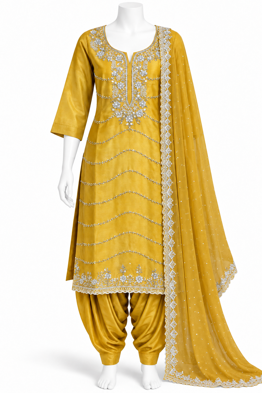 Mustard Yellow Embroidered Punjabi Salwar Suit with Dupatta