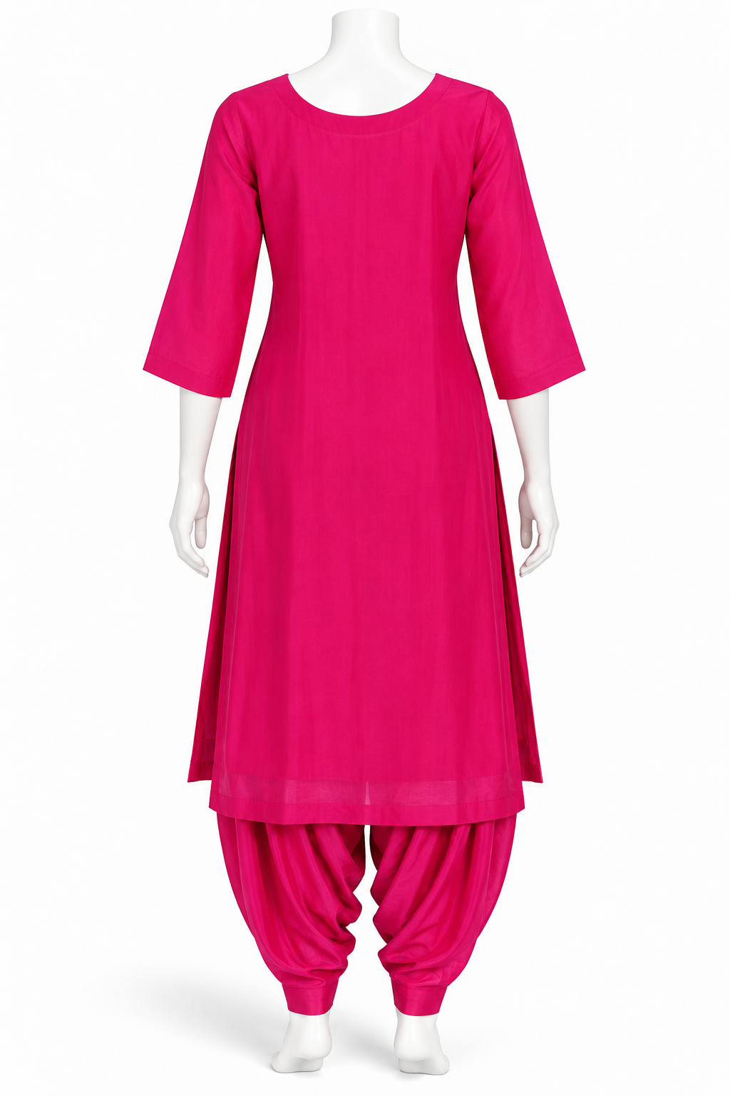 A bright pink traditional kurta set displayed on a white mannequin, featuring a three-quarter sleeve straight kurta and matching gathered patola-style pants against a plain white background.