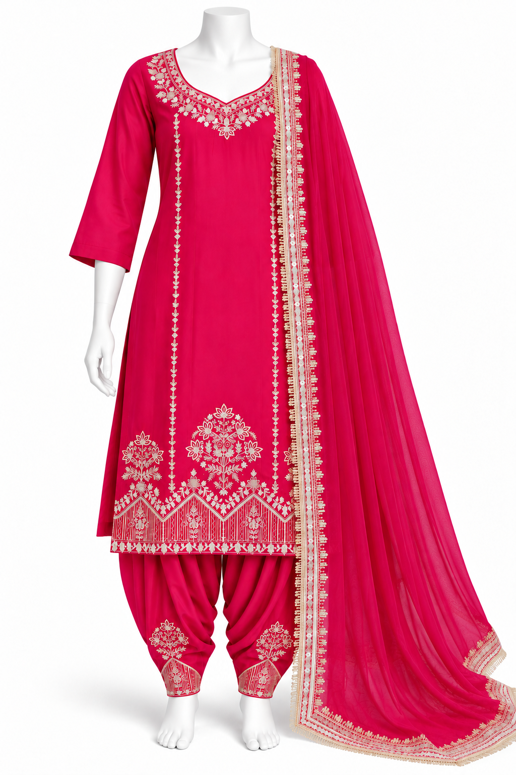 Hot Pink Embroidered Punjabi Salwar Suit with Dupatta