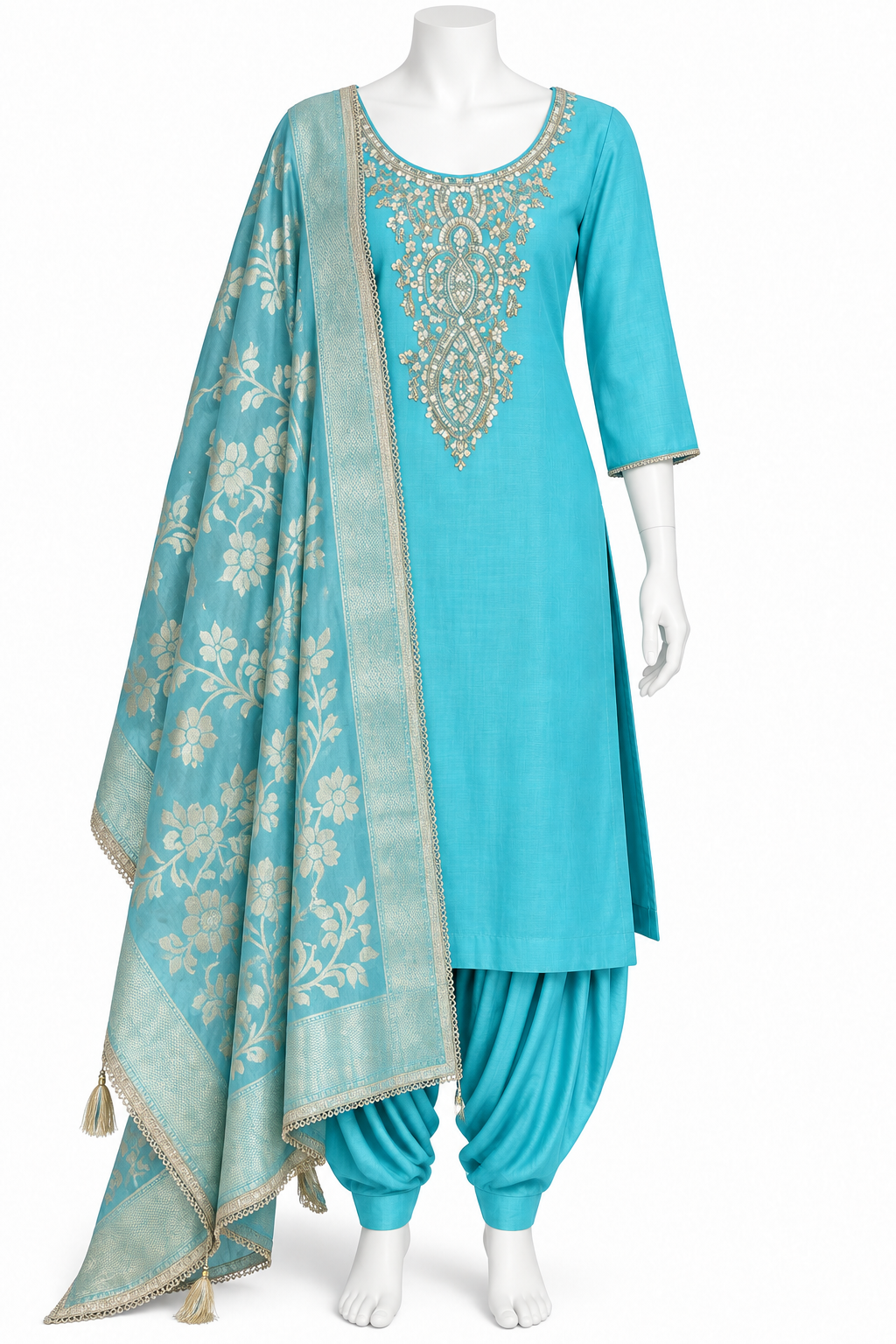 A turquoise blue Indian ethnic suit set displayed on a white mannequin, featuring a kurta with ornate gold embroidery, matching patola pants, and a coordinating dupatta with floral patterns and tassels.