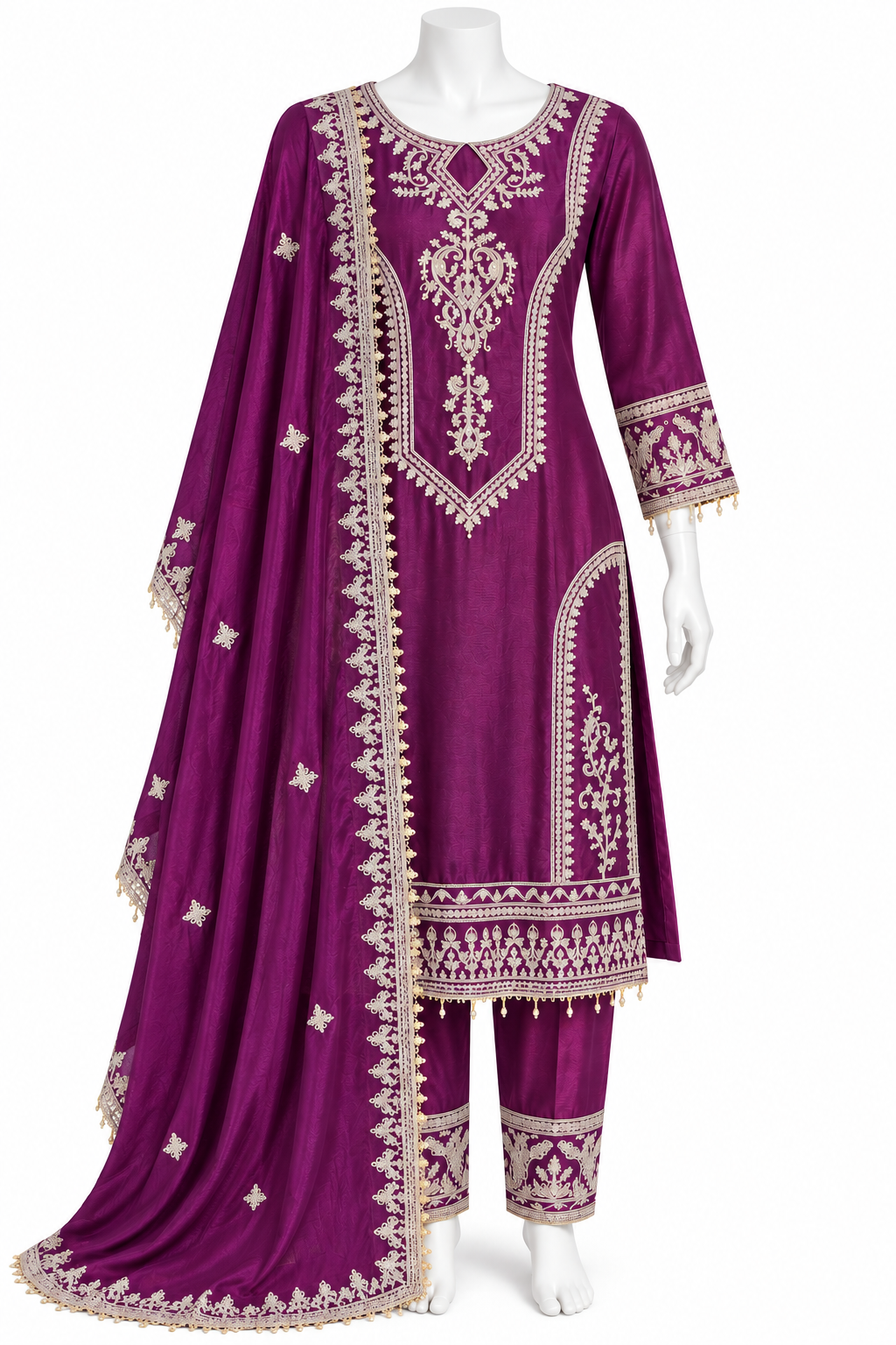 Deep Purple Embroidered Palazzo Suit Set with Dupatta