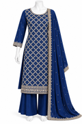 A royal blue three-piece salwar kameez suit displayed on a white mannequin. The kurta features an intricate cream and gold geometric lattice pattern, a matching patterned border, and wide-leg pants.