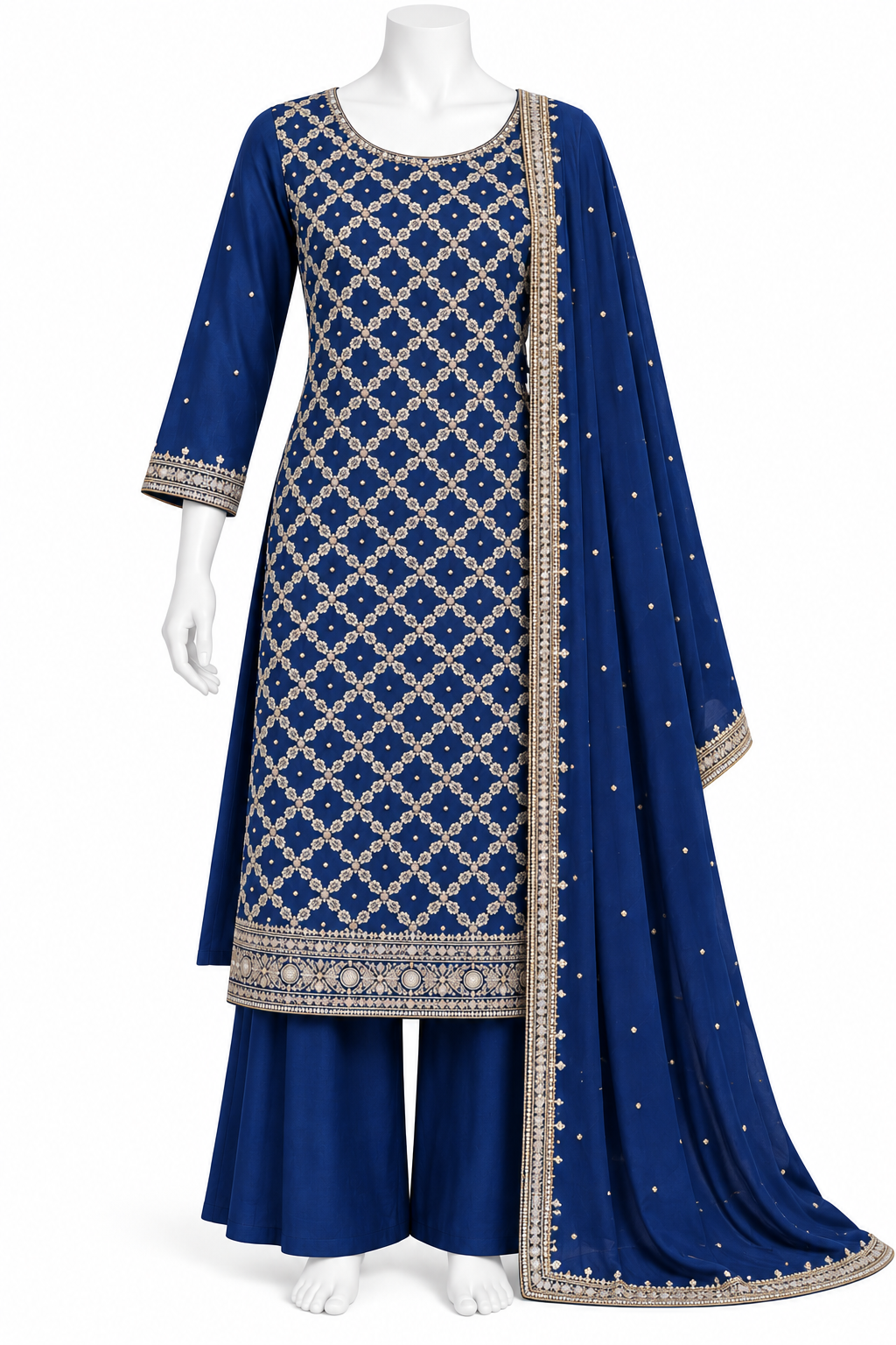 A royal blue three-piece salwar kameez suit displayed on a white mannequin. The kurta features an intricate cream and gold geometric lattice pattern, a matching patterned border, and wide-leg pants.