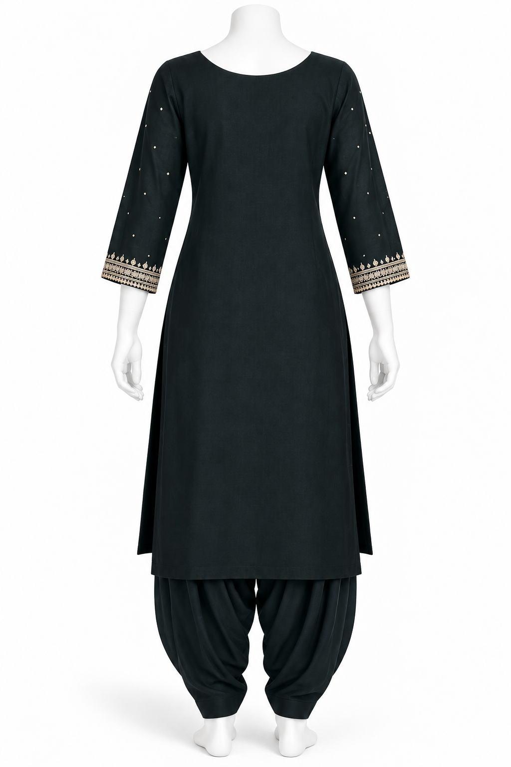 A black three-piece traditional outfit displayed on a white mannequin, featuring a straight kurta with gold and silver embroidered sleeve cuffs, matching black pants, and black draped fabric.