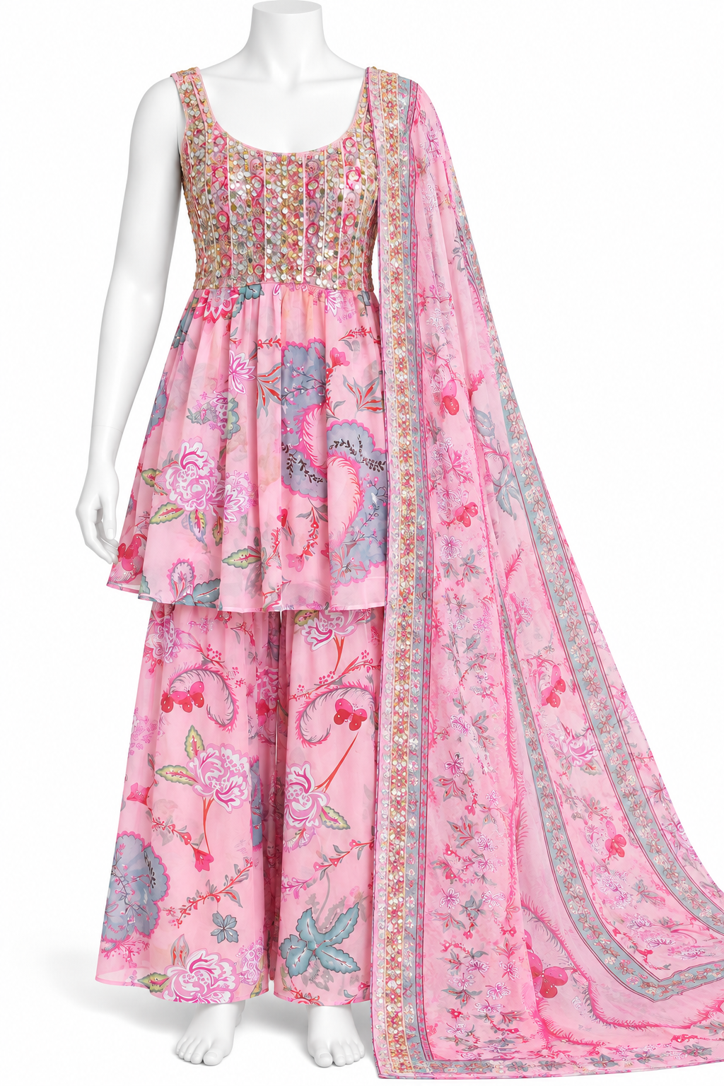 Pink Floral Embroidered Kurti Sharara Set with Dupatta