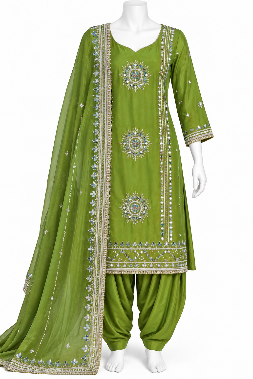 Olive Green Embroidered Punjabi Salwar Suit with Dupatta