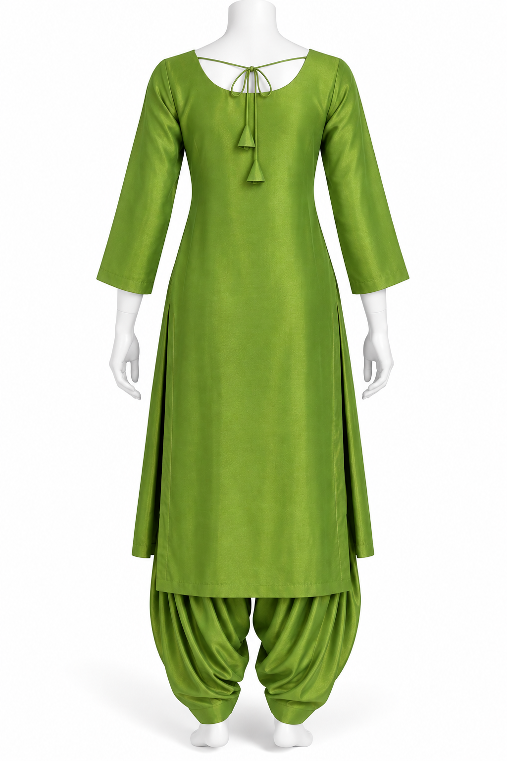 A bright green traditional Indian outfit displayed on a white mannequin, featuring a long kurta with three-quarter sleeves and a tie-neck detail, paired with matching patina pants.