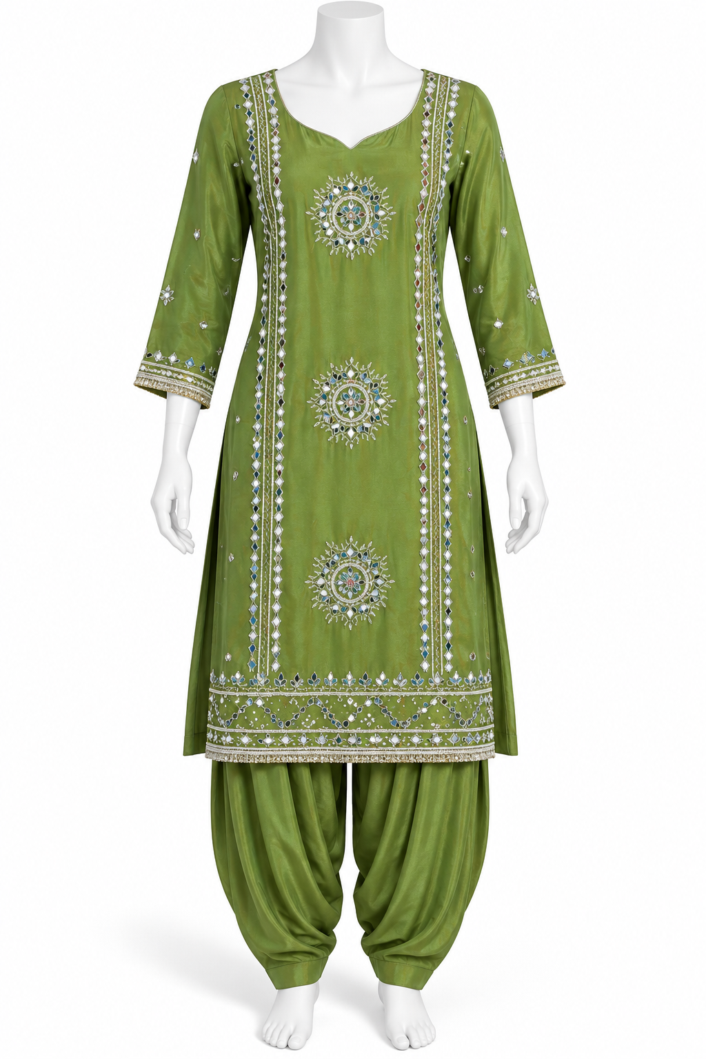 An olive green three-piece traditional Indian salwar kameez suit displayed on a white mannequin. The set includes a long-sleeved embroidered kameez tunic with intricate silver and white geometric patterns, paired with matching olive green patina pants.