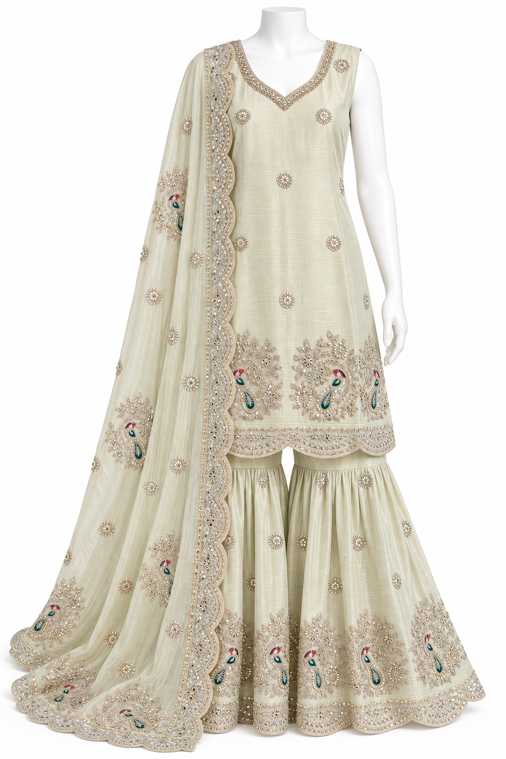 A traditional Indian salwar kameez suit displayed on a white mannequin. The set features an off-white/cream kurta and matching flared pants (sharara) with intricate gold embroidery, scalloped borders, and peacock motifs, accompanied by a matching sheer dupatta.
