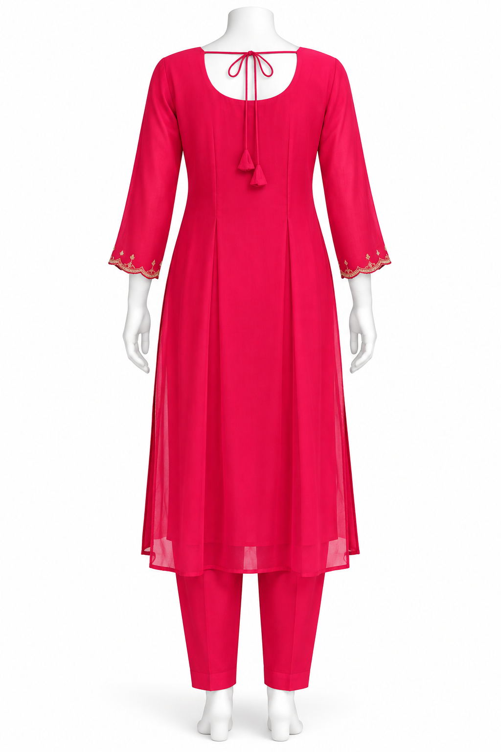 A bright pink three-piece kurta set displayed on a white mannequin against a plain white background. The set includes a long-sleeved tunic with a round neckline, tie-back detail, and gold embroidered cuffs, paired with matching straight-fit pants.
