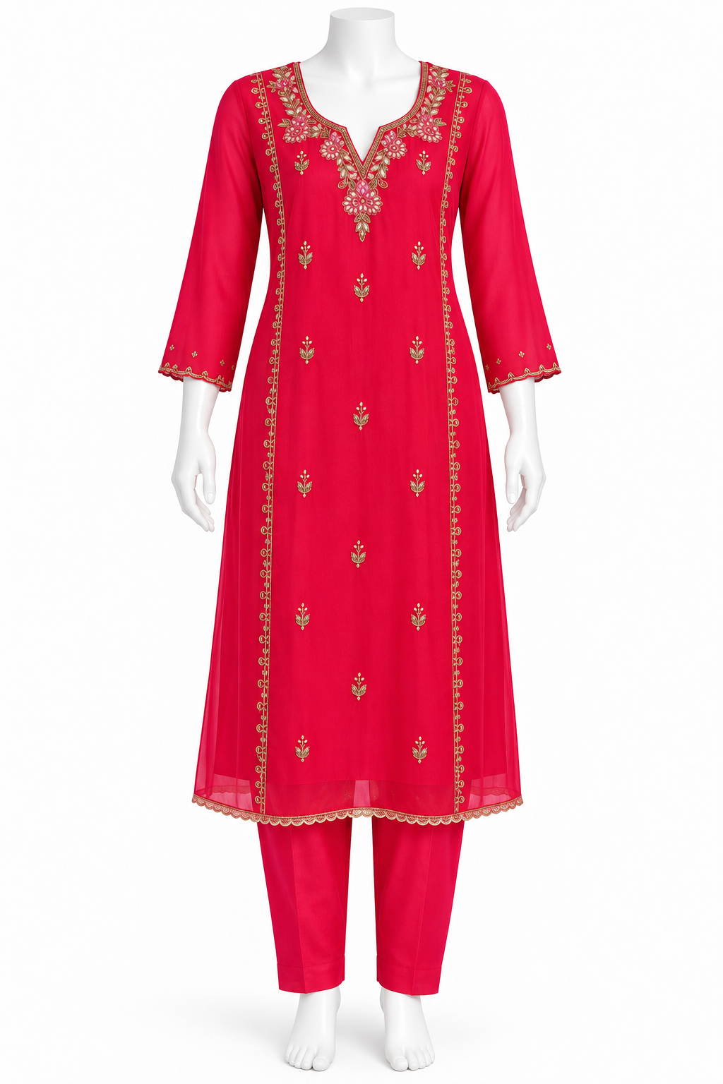 A bright pinkish-red three-piece kurta set displayed on a white mannequin, featuring a long tunic with gold embroidery, matching pants, and a coordinating collar.