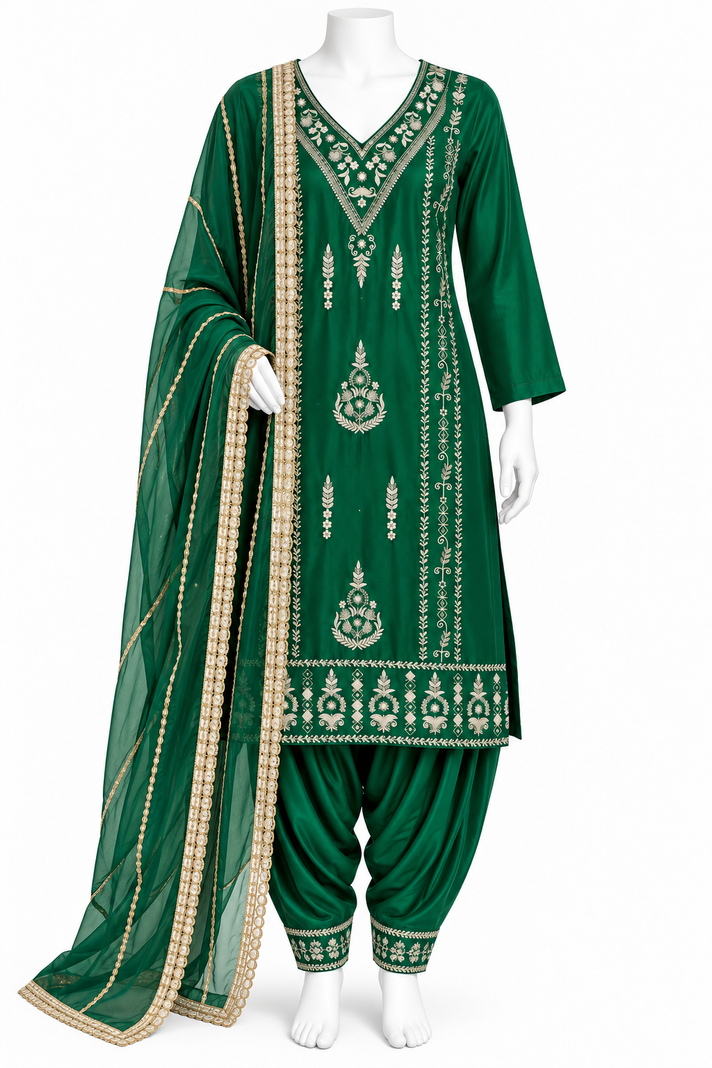 A green traditional outfit displayed on a white mannequin against a plain white background. The set includes a long embroidered tunic, matching pants, and a draped dupatta with ornate metallic detailing.