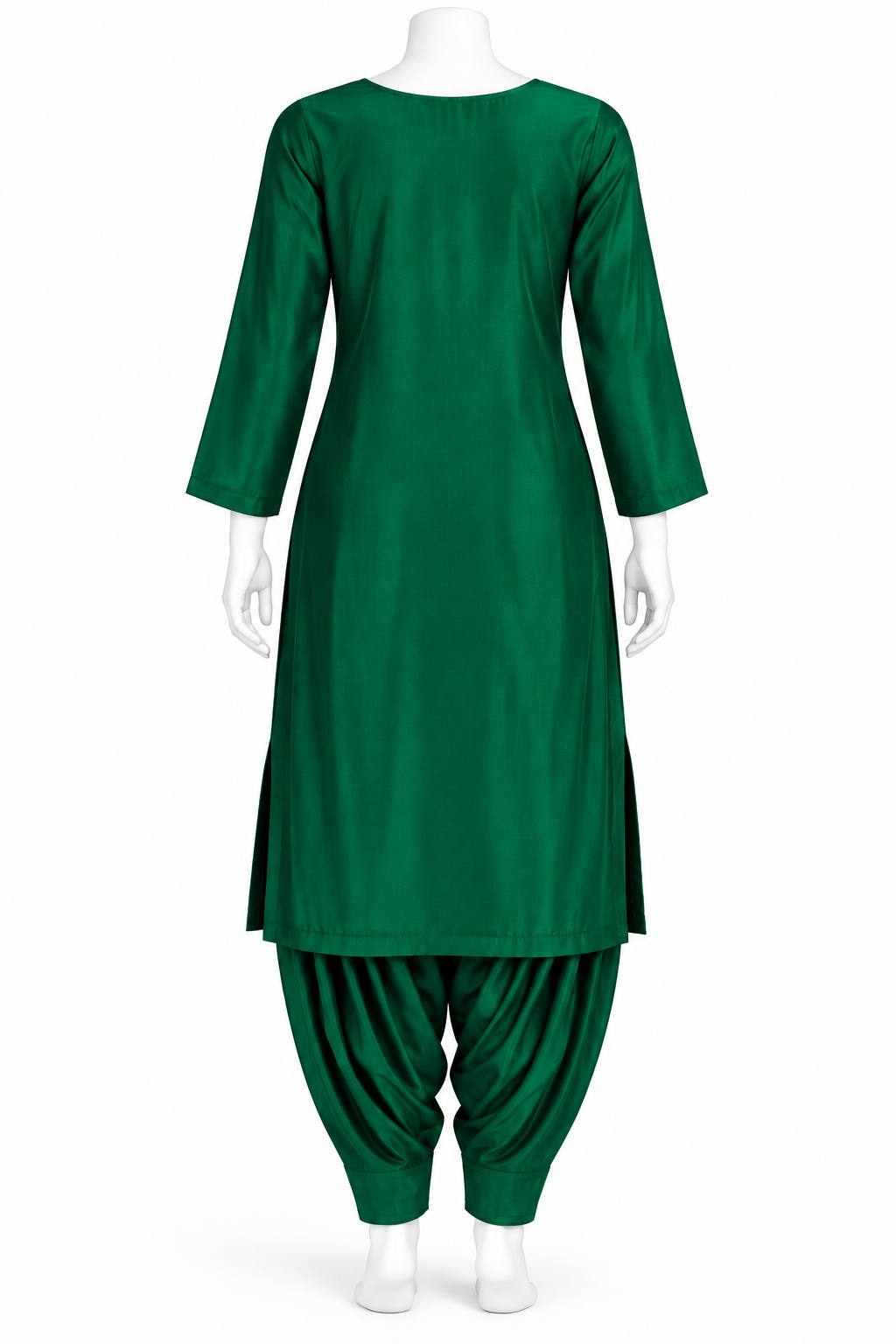 A green long kurta and matching draped pants set displayed on a white mannequin against a plain white background.
