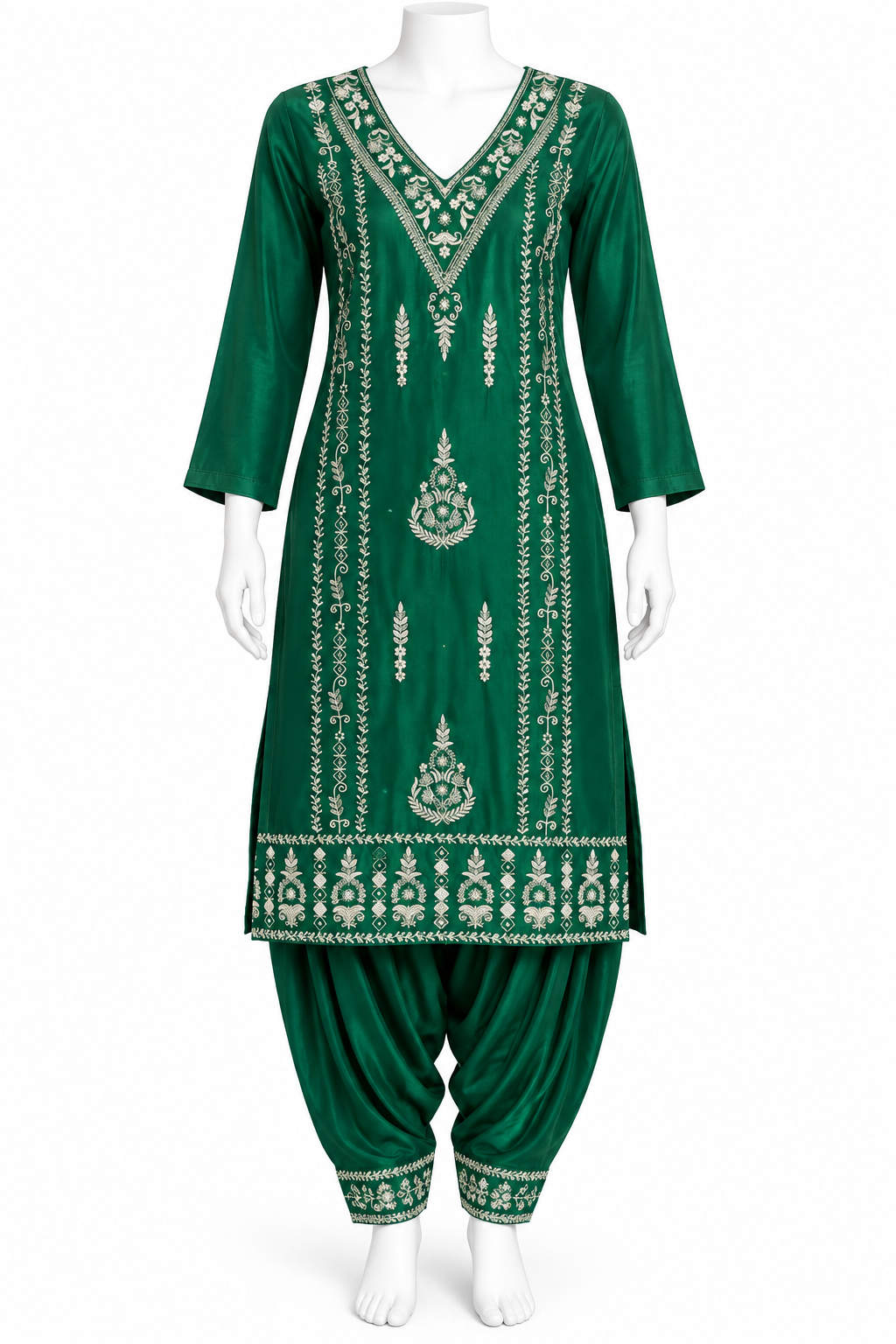 A green traditional Indian salwar kameez set displayed on a white mannequin. The kurta features intricate silver mirror embroidery along the neckline, front panels, and hem, paired with matching green patina pants.