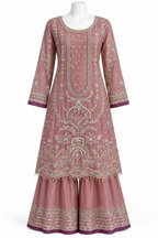 A dusty pink traditional Indian outfit with intricate silver and gold embroidery, displayed on a white mannequin against a plain white background.