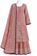A pink traditional Indian outfit with intricate silver and gold embroidery, featuring a long kurta, matching flared pants, and a draped dupatta, displayed on a white mannequin against a white background.